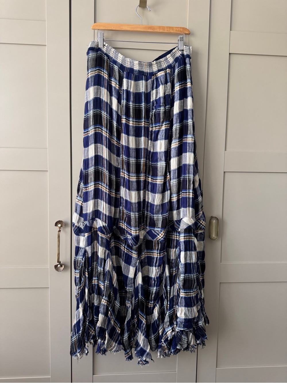 Free People Bordeaux Plaid Maxi Skirt Billowy Column Fit Navy Blue Combo Frayed - Picture 7 of 8